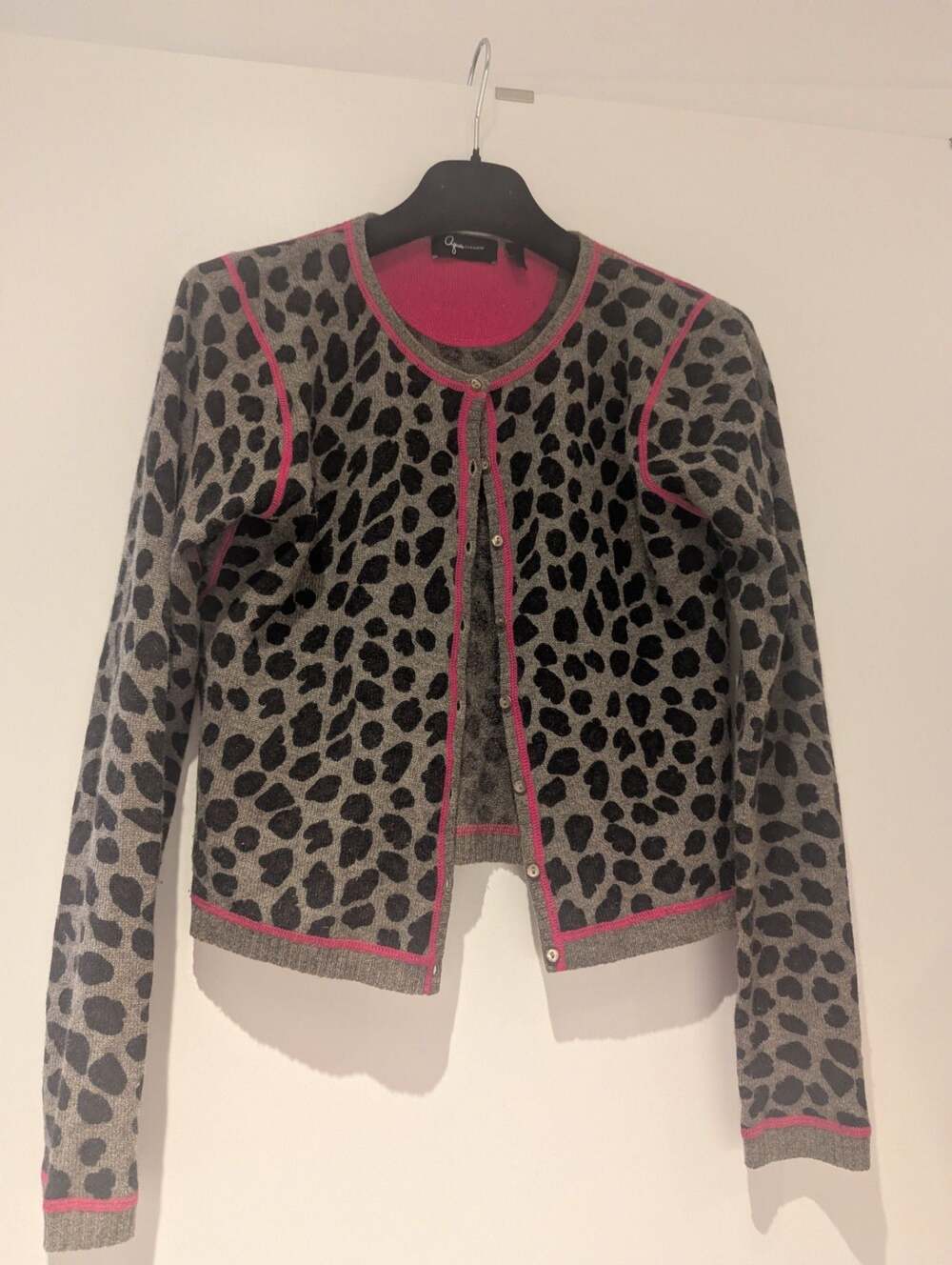 Aqua Cashmere Leopard Print Contrast-Trim Button-Front Cardigan